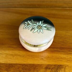 Floral black‎ and peach trinket pill box hinged vintage heavy